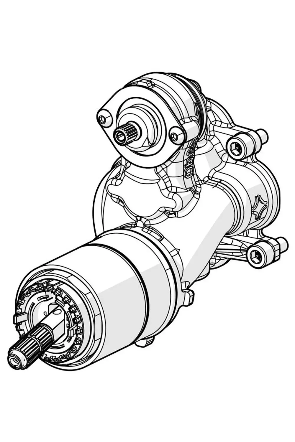 Schematische Darstellung einer HANSA-Funktionseinheit, die verschiedene Komponenten eines mechanischen Teils zeigt, darunter Motor und Verbindungselemente.